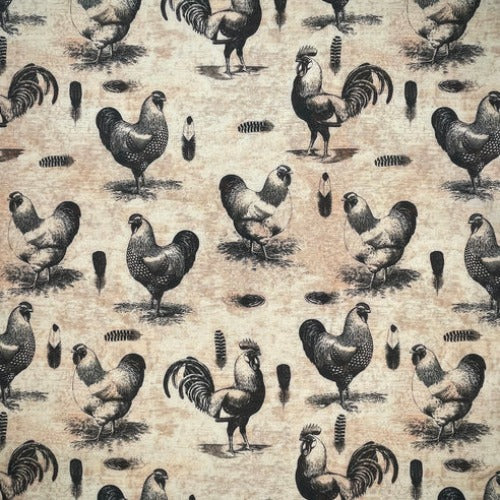 Quilting Fabric | French Rooster Stencil - ChickeNs and Roosters in Beige and Black | SPR53708389588