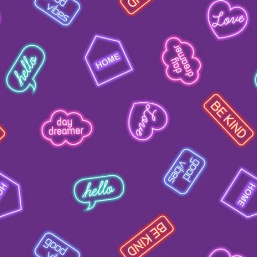 Quilting fabric | Neon signs on purple Glows in the Dark | SM371